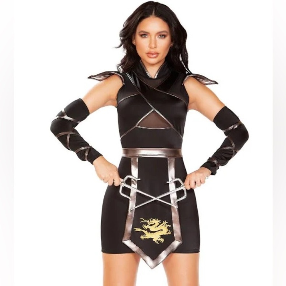 Sexy Ninja Warrior Costume with Gold Dragon Detail Cosplay NWT